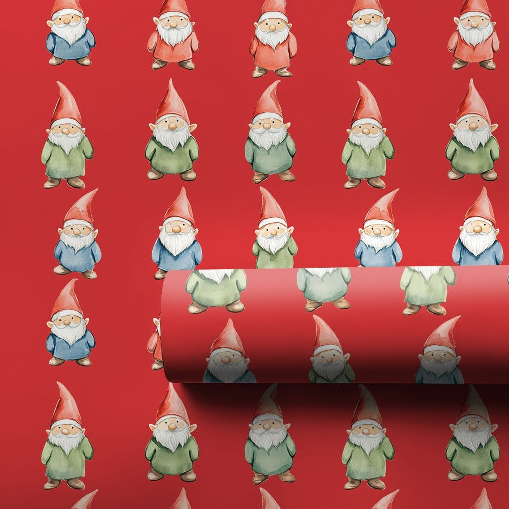 Watercolor Scandinavian Gift Wrap Roll, Red Christmas Gnome Wrapping Paper, Whimsical Holiday Present Paper, Nordic Winter Gi