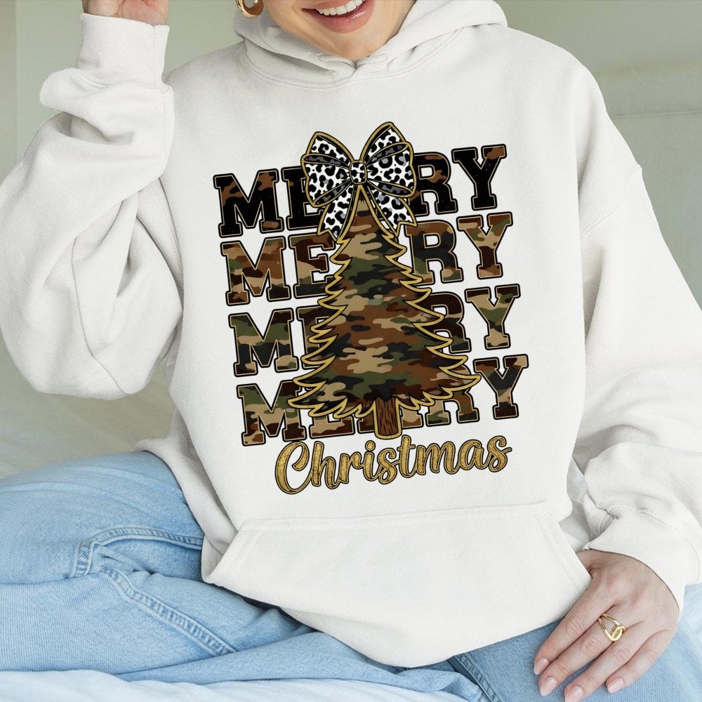 Rustic Leopard Bow Holiday Pullover, Merry Christmas Camo Hoodie, Country Hunting Season Sweatshirt, Adorable Xmas Tree Camou