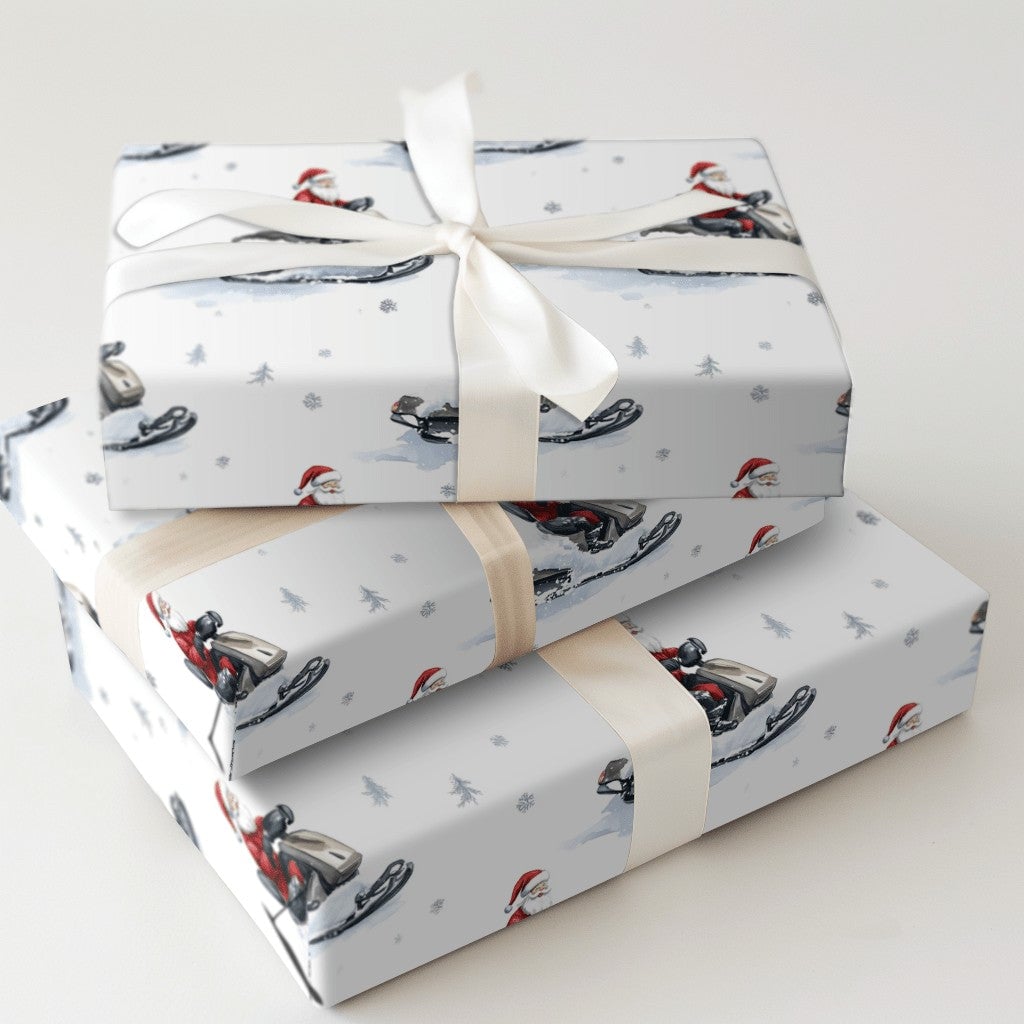 Snowflake Watercolor Gift Wrap, Snowmobile Santa Claus Wrapping Paper, Winter Sports Christmas Wrapping Paper, Holiday Presen