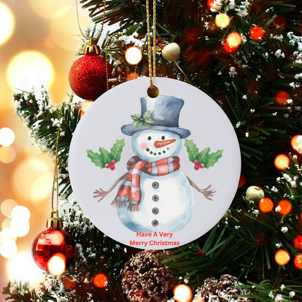 Festive Top Hat Holiday Ornament, Watercolor Snowman Christmas Ornament, Winter Snowman Tree Ornament, Ceramic Keepsake, Fami