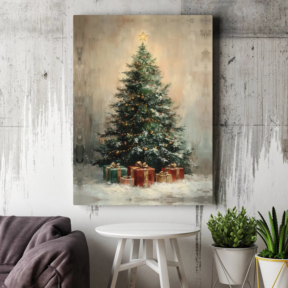 Vintage Holiday Presents Canvas Print, Rustic Christmas Tree Canvas Art, Farmhouse Xmas Pine Tree Canvas, Festive Seasonal Ho
