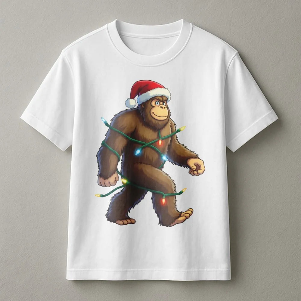 Humorous Sasquatch Santa Hat Shirt, Bigfoot Christmas T-Shirt, Retro Bigfoot Holiday Lights Tee, Adorable Bigfoot Xmas Shirt,