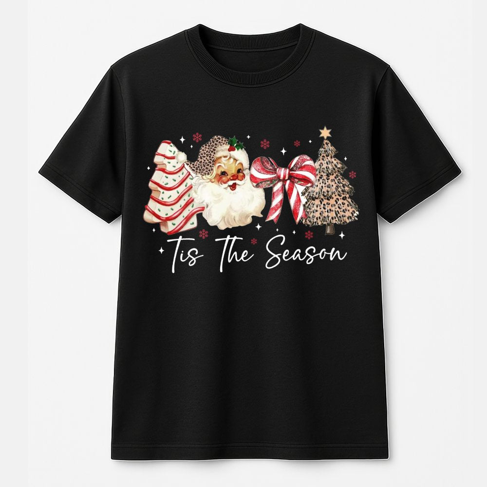 Coquette Bow Holiday Graphic Tee, Retro Santa Leopard Print Christmas Tree T-Shirt, Trendy Western Xmas Shirt, Adorable Festi