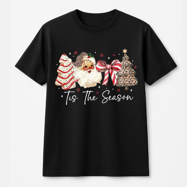 Coquette Bow Holiday Graphic Tee, Retro Santa Leopard Print Christmas Tree T-Shirt, Trendy Western Xmas Shirt, Adorable Festi