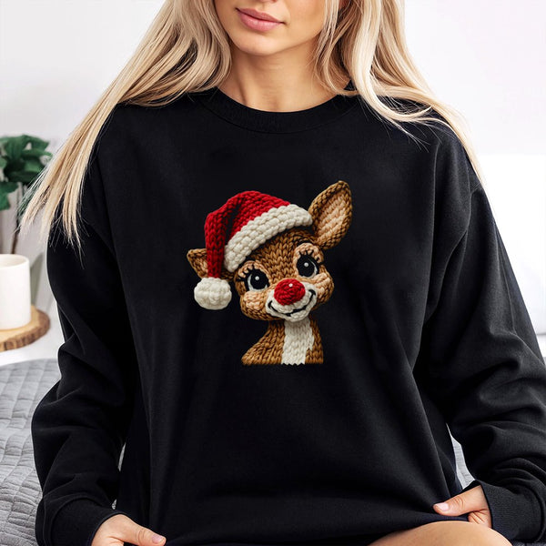 Faux Yarn Knit Holiday Sweater, Reindeer Christmas Sweatshirt, Adorable Reindeer Graphic Crewneck, Comfy Winter Pullover, Xma