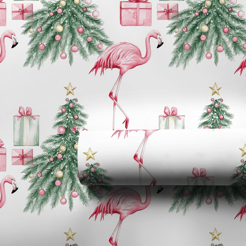 Tropical Holiday Gift Wrap, Pink Flamingo Christmas Wrapping Paper, Watercolor Flamingo Tree Wrapping Paper, Whimsical Christ