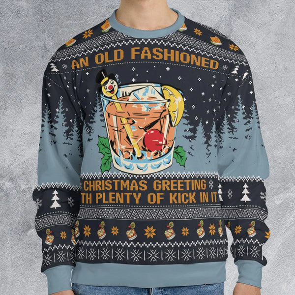 Retro Drink Holiday Sweater, Old Fashioned Cocktail Ugly Christmas Sweatshirt, Humorous Bartender Xmas Crewneck, Holiday Cock
