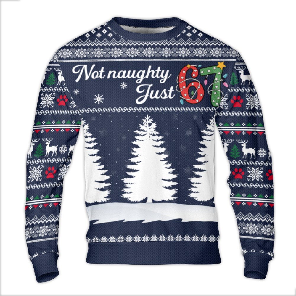 67th Birthday Holiday Sweater, Not Naughty Just 67 Christmas Sweater, Reindeer Paw Print Ugly Sweater, Humorous 67 Year Old X