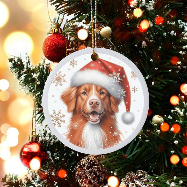 Santa Hat Dog Christmas Ornament, Nova Scotia Duck Tolling Retriever Ornament, Ceramic Puppy Tree Ornament, Holiday Present f