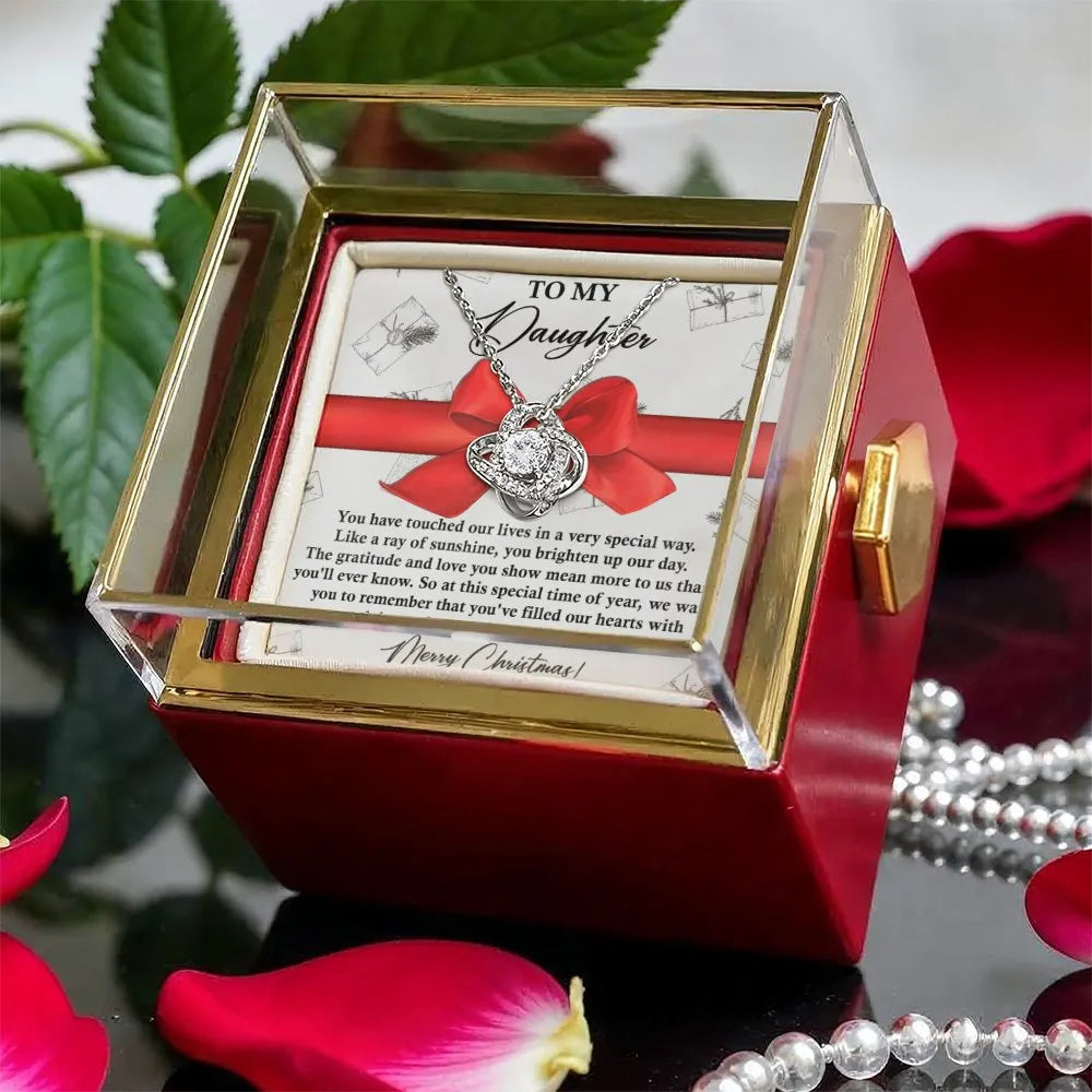 CZ Crystal Love Knot Pendant, To My Daughter Love Knot Necklace, Rotating Rose Box Necklace, White Gold Finish Christmas Pres