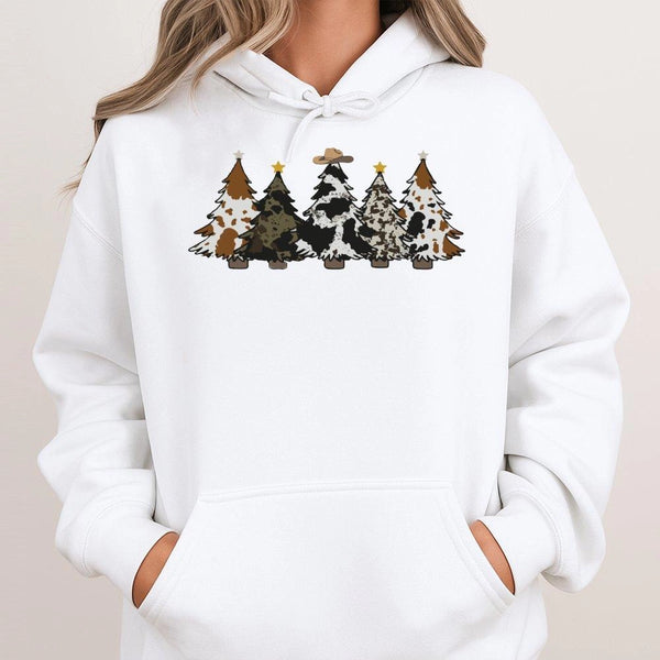 Cowhide Print Trees Cowboy Hat Hooded Sweatshirt, Western Christmas Hoodie, Southern Country Holiday Pullover, Rodeo Xmas Gra
