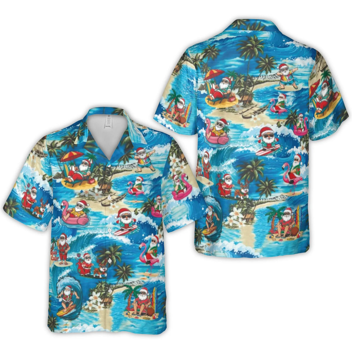 Tropical Christmas Aloha Shirt, Surfing Santa Hawaiian Shirt, Santa Claus Holiday Button Up Shirt, Humorous Beach Christmas S