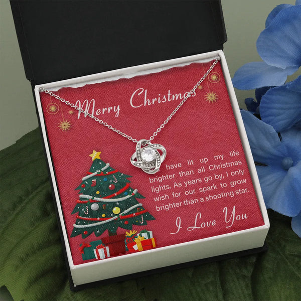 Holiday Message Pendant Necklace, Merry Christmas Love Knot Necklace, Romantic Partner Knot Necklace, 14k White Gold Jewelry,