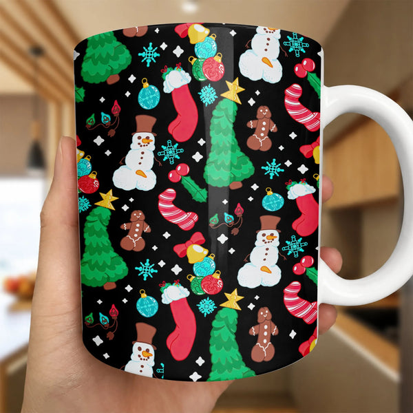 Naughty Phallic Pattern Holiday Mug, Humorous Adult Christmas Ceramic Mug, Gag Dirty Santa Coffee Cup, White Elephant Present