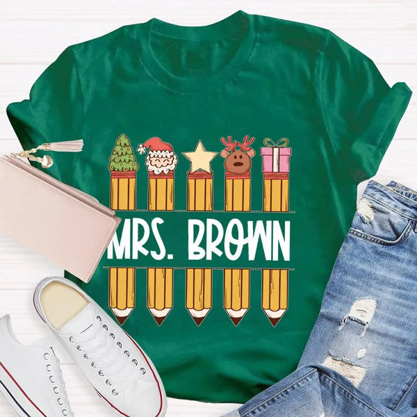 Custom Name Holiday Graphic Tee, Personalized Christmas Pencil Shirt, Adorable Teacher Christmas T-Shirt, Back to School Xmas