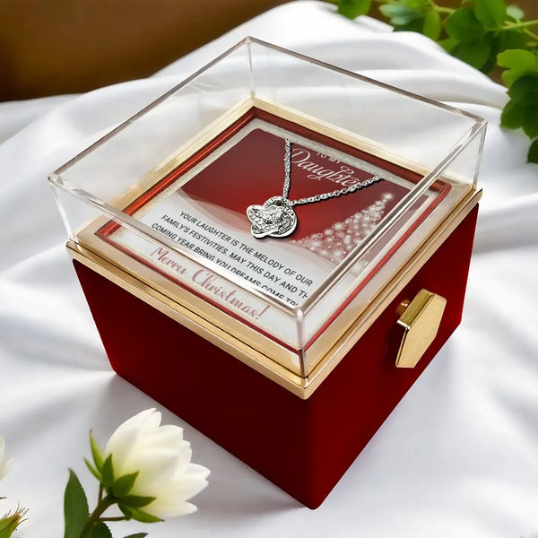 Rotating Rose Box CZ Crystal Knot Pendant, Daughter Christmas Love Knot Necklace, Daughter Holiday Jewelry, Christmas Keepsak