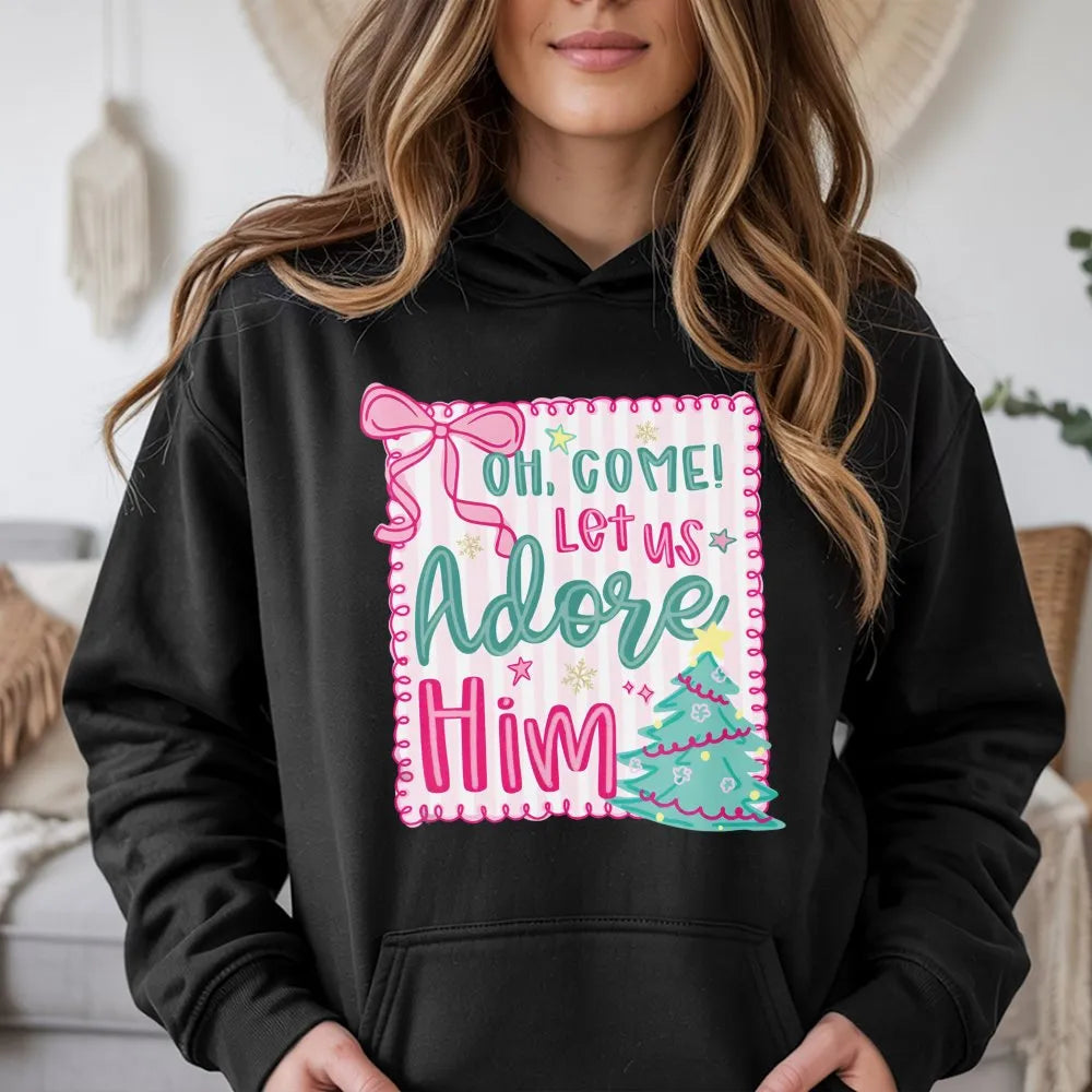 Pink Coquette Christmas Hoodie, Oh Come Let Us Adore Him Hoodie, Retro Christian Holiday Sweatshirt, Adorable Religious Faith