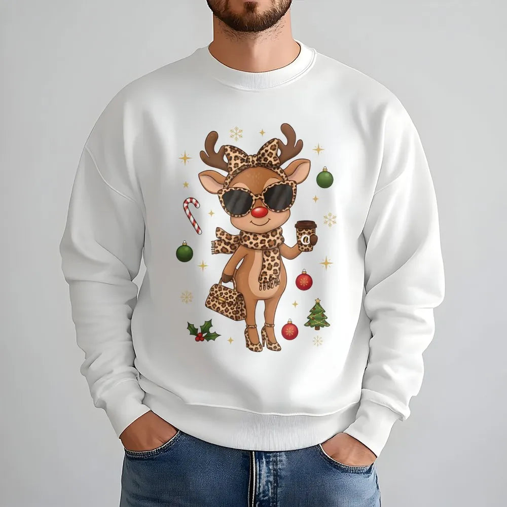 Leopard Print Reindeer Sweatshirt, Boujee Reindeer Sweatshirt, Christmas Deer Holiday Crewneck, Adorable Winter Pullover Rein