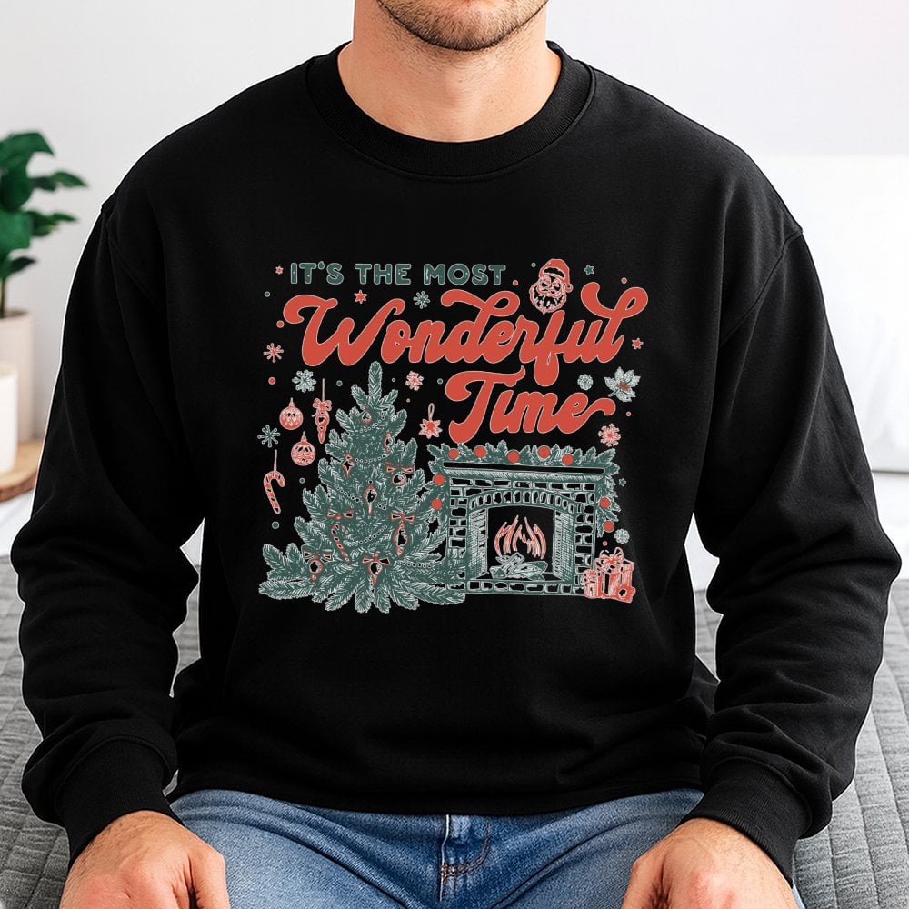 Retro Christmas Tree Sweatshirt, Most Wonderful Time Sweatshirt, Comfy Fireplace Holiday Sweatshirt, Vintage Xmas Tree Crewne