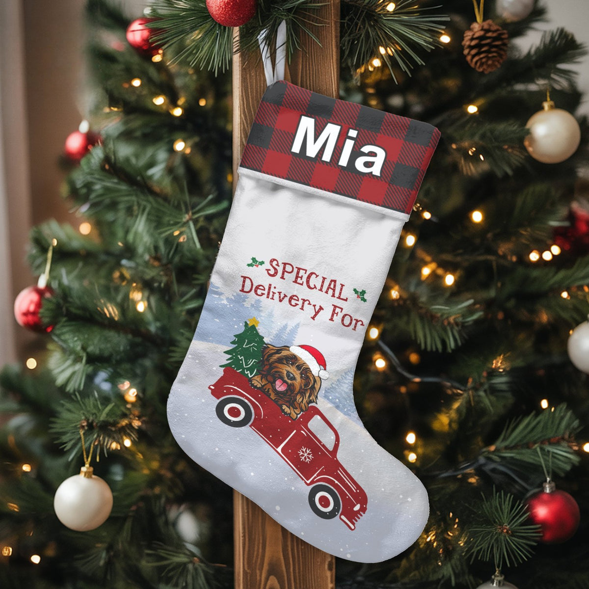 Vintage Truck Holiday Stocking, Personalized Dog Red Truck Christmas Stocking, Dog Lover Christmas Stocking, Custom Pet Xmas 