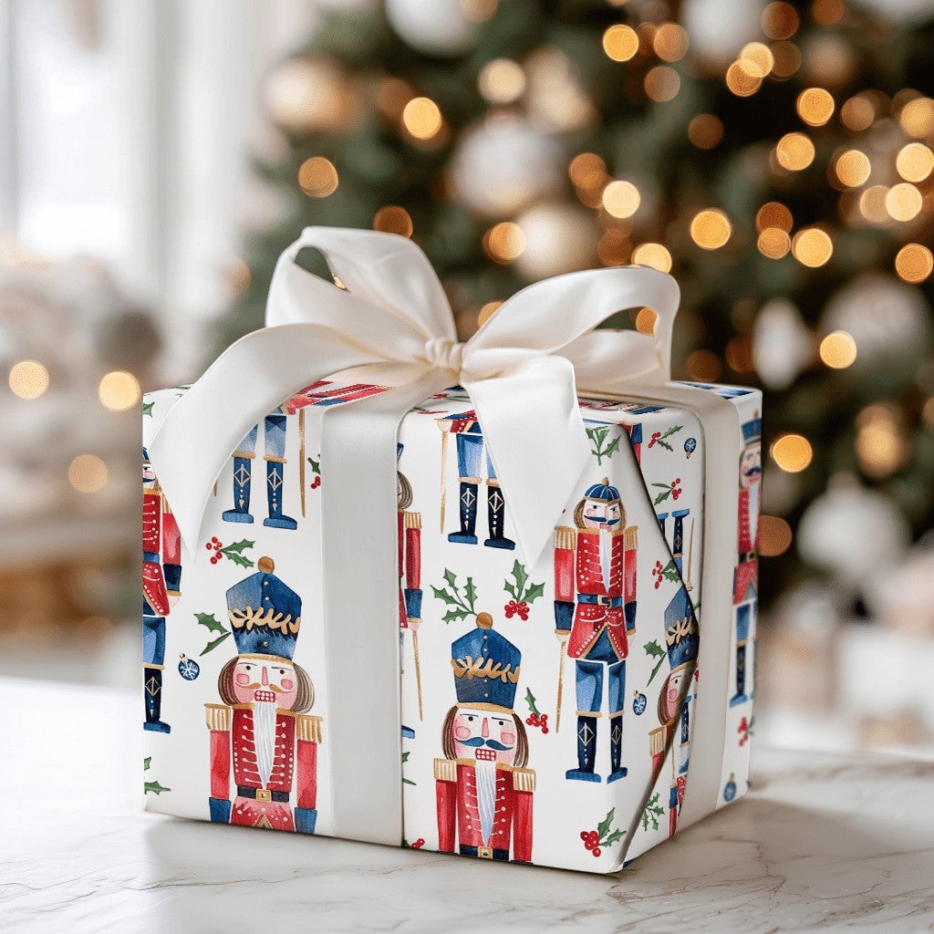 Watercolor Christmas Gift Wrap Roll, Nutcracker Wrapping Paper, Holiday Nutcracker Soldier Wrapping Paper, Festive Xmas Gift 