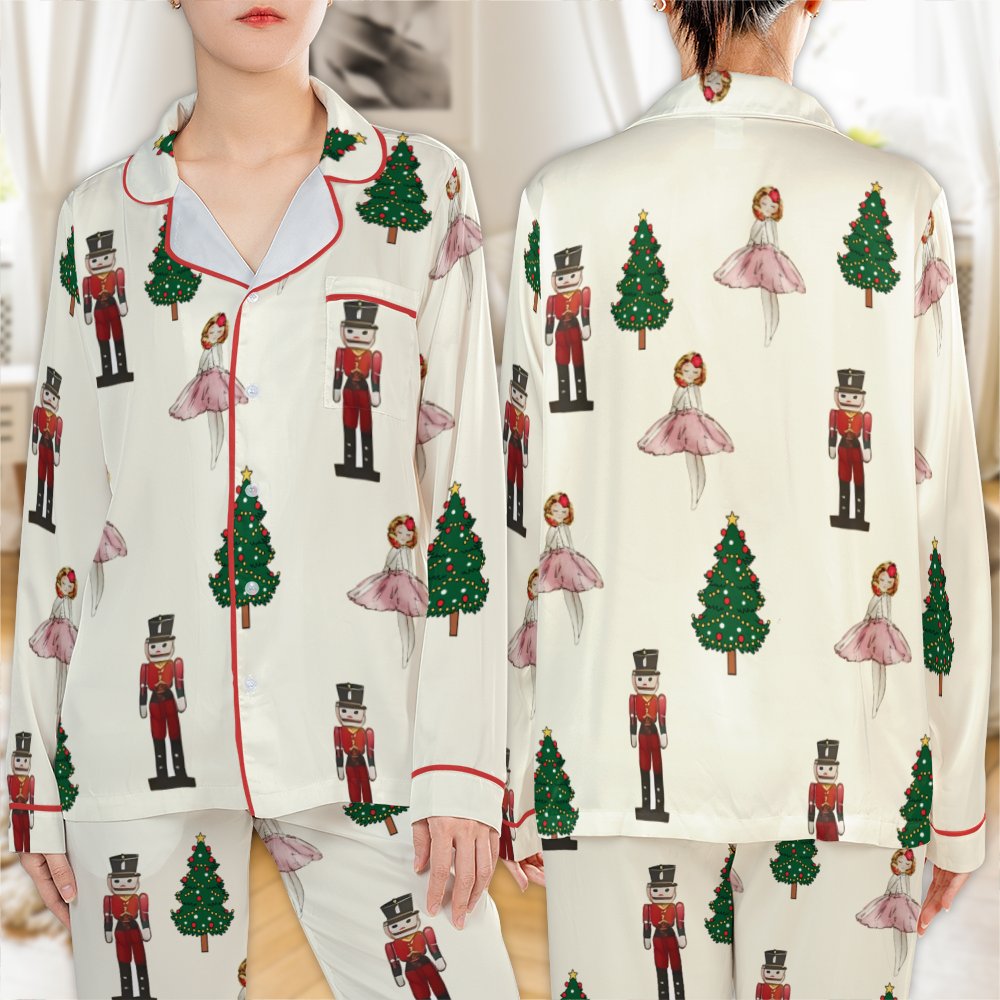 Ballet Dancer Satin Pajamas, Nutcracker Christmas Pajama Set, Festive Holiday Pajamas, Long Sleeve Sleepwear Set, Women Loung