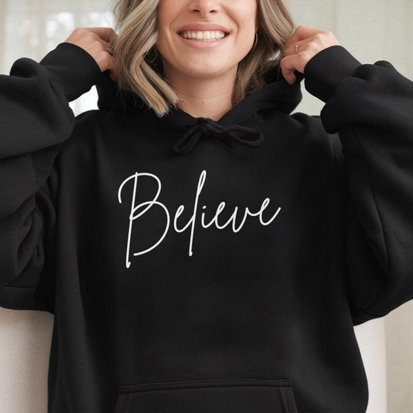 Minimalist Cursive Holiday Script Sweatshirt, Believe Christmas Hoodie, Winter Festive Polar Express Pullover, Comfy Xmas Hoo