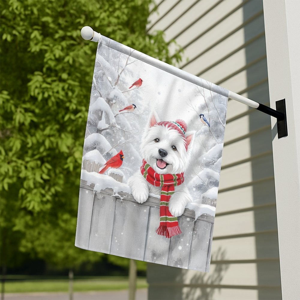 Winter Cardinal House Flag, Westie Dog House Flag, Christmas Dog House Flag, Snow Scene Garden Flag, Dog Lover Holiday Yard B