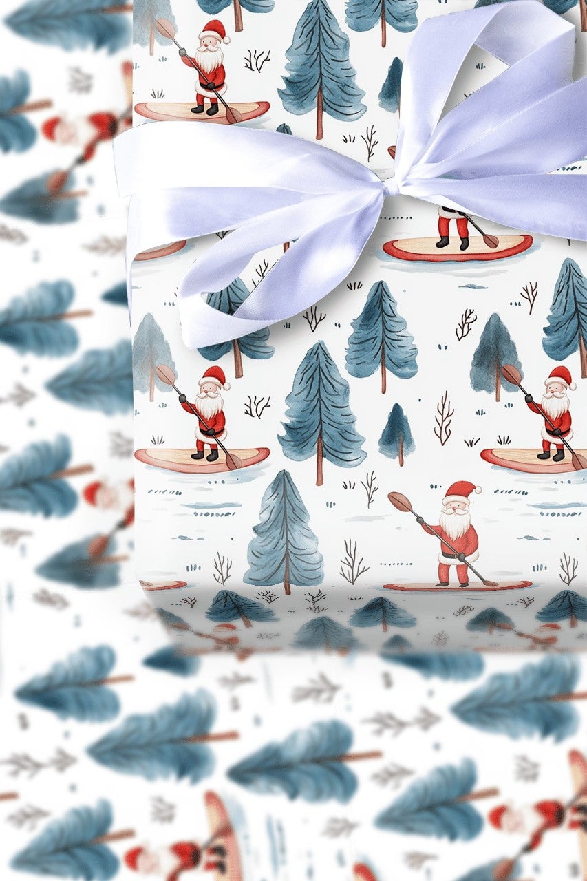 Winter Forest Holiday Gift Wrap, Paddleboarding Santa Wrapping Paper, Outdoor Santa Claus Paper, Christmas Present Wrapping P