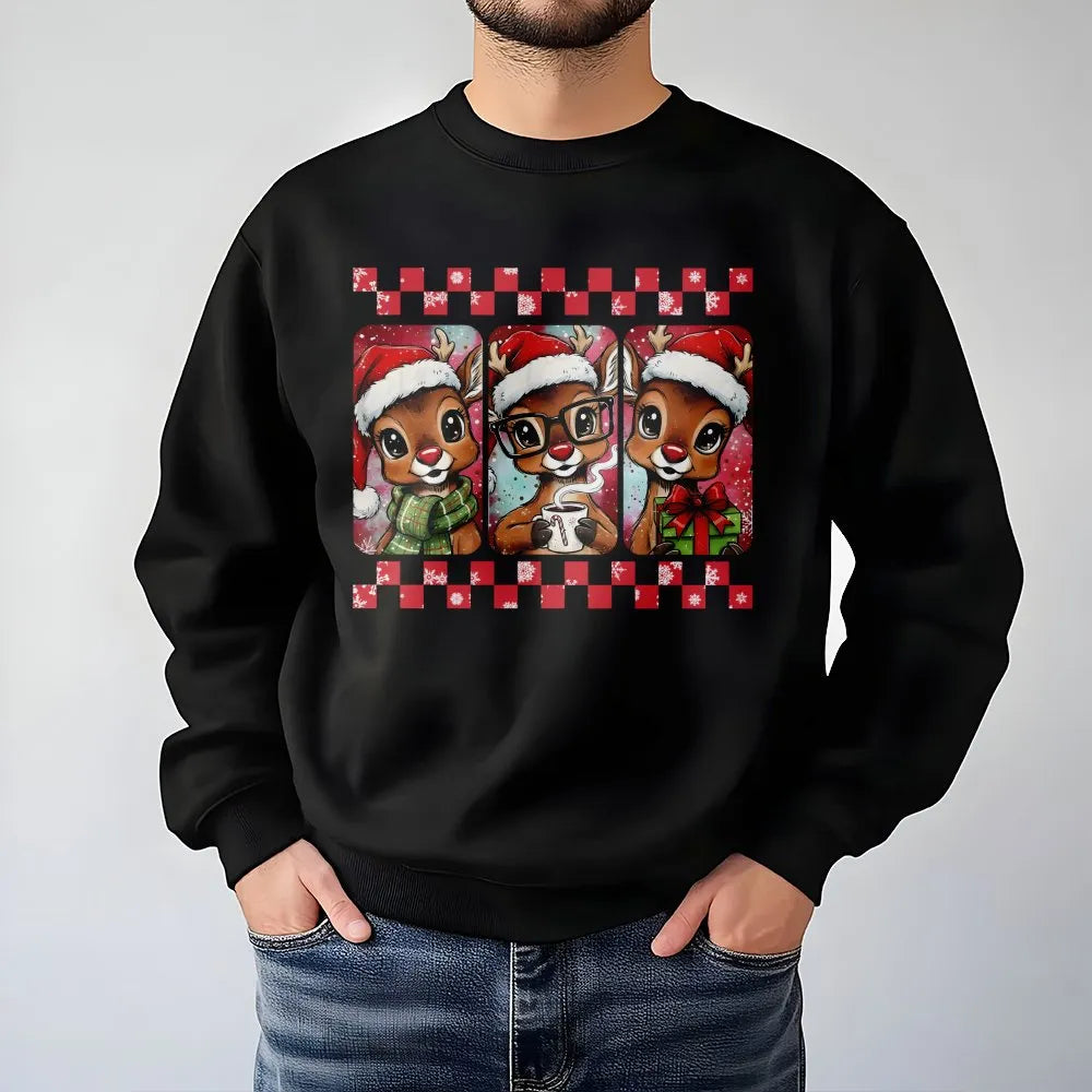 Checkered Holiday Reindeer Sweater, Retro Christmas Reindeer Sweatshirt, Adorable Xmas Crewneck, Festive Reindeer Pullover, T
