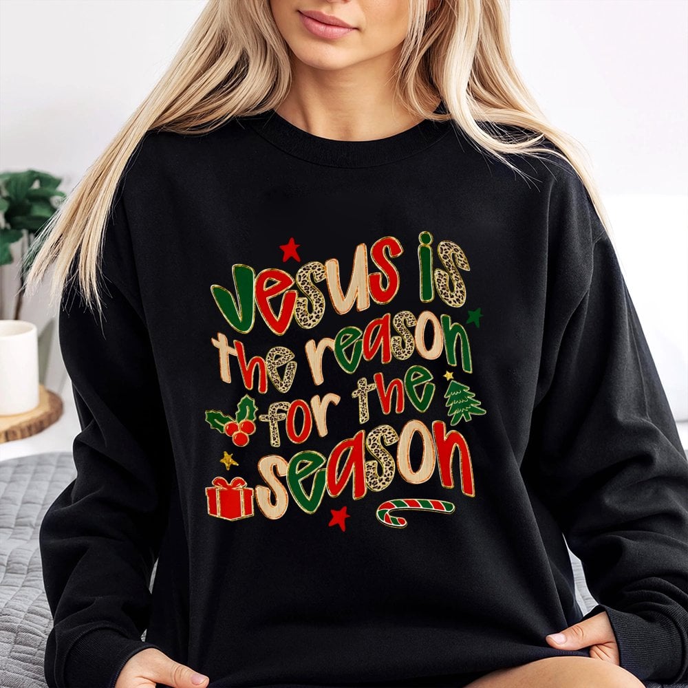 Leopard Print Christian Christmas Crewneck, Jesus Is the Reason for the Season Sweatshirt, Faith Holiday Pullover, Winter Jes