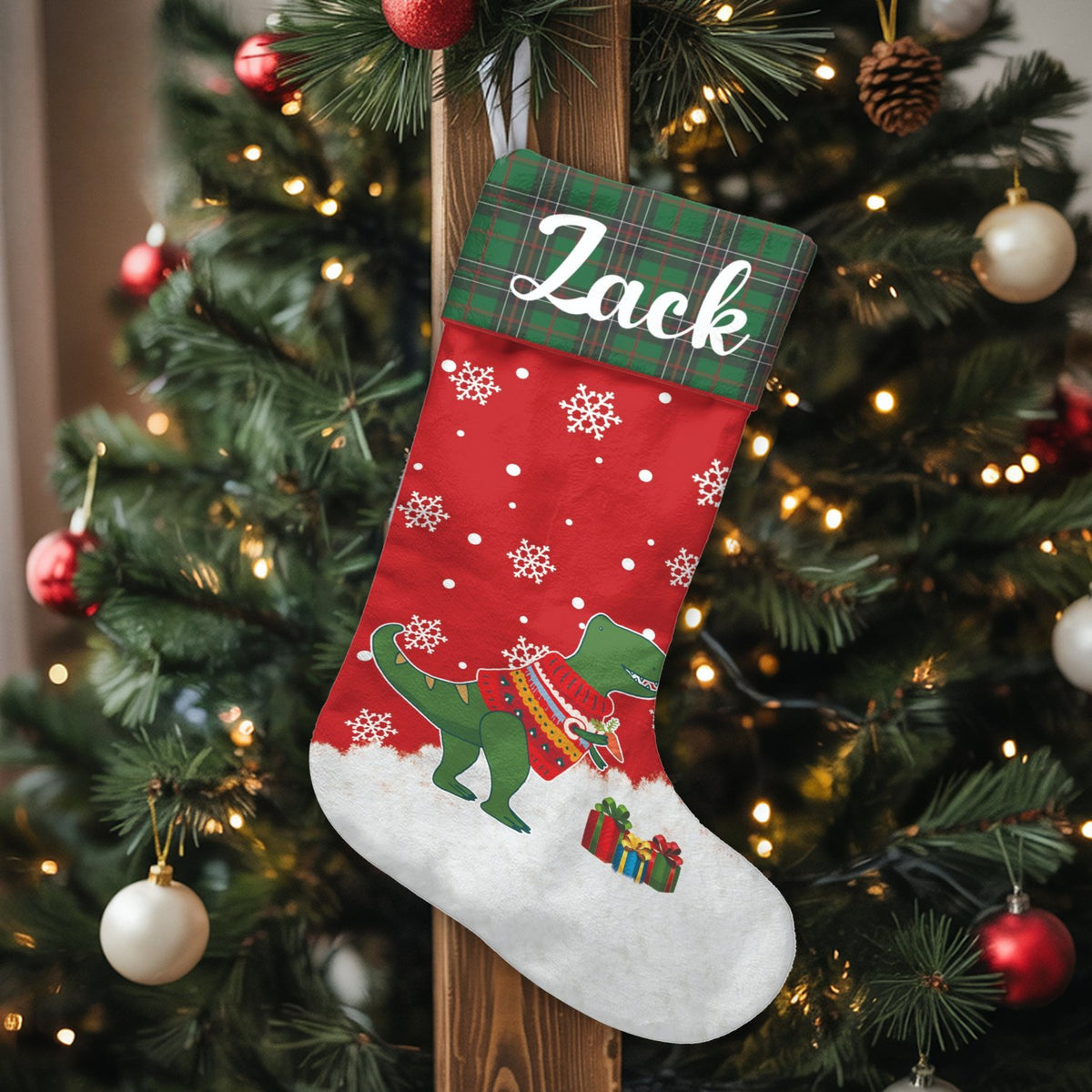 Personalized Dino Stocking, Dinosaur Christmas Stocking, Plaid Cuff Holiday Stocking, Custom Kids Christmas Stocking, Dinosau
