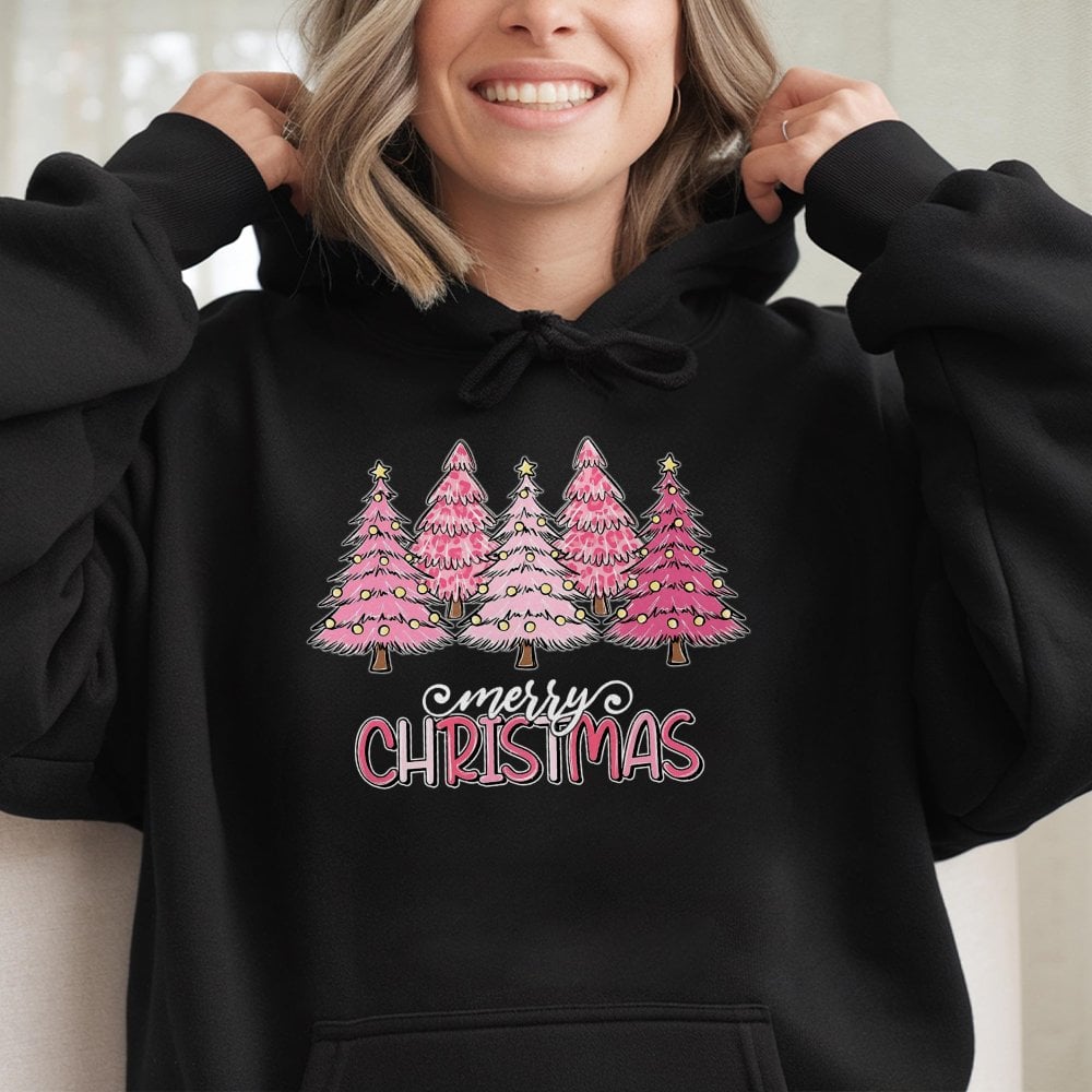 Merry Christmas Leopard Pattern Hoodie, Pink Leopard Christmas Tree Hoodie, Trendy Holiday Sweatshirt, Girly Adorable Xmas Pu