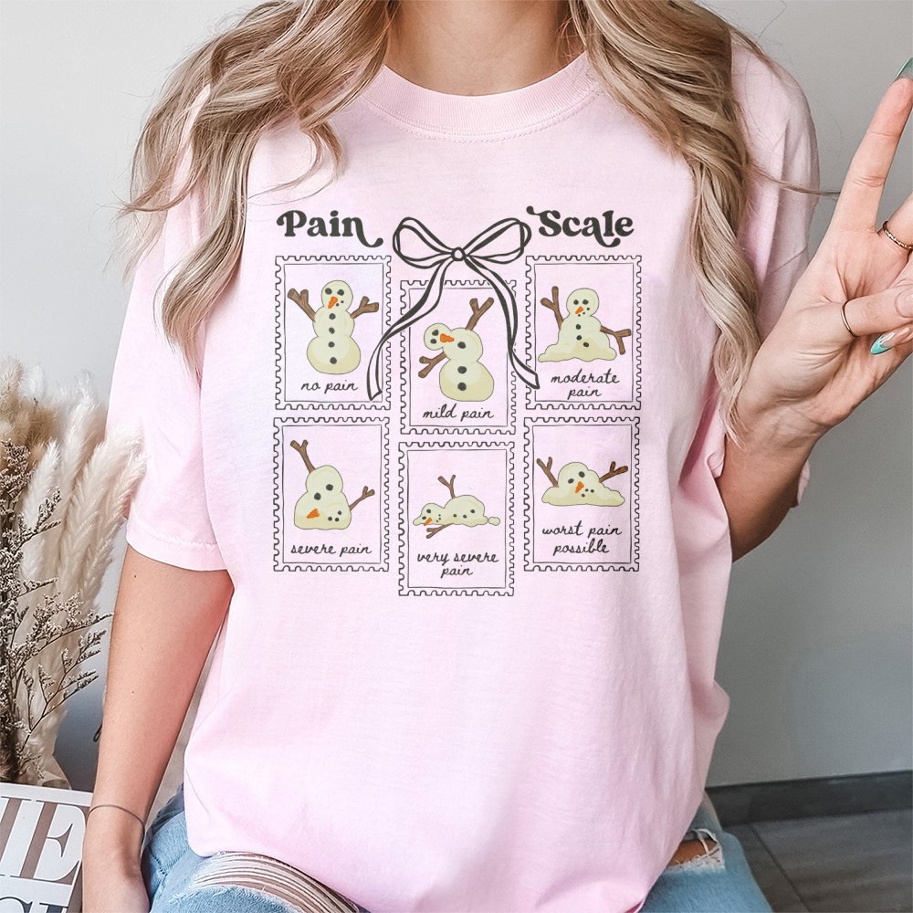 Humorous Nurse Christmas Pain Scale Shirt, Snowman Pain Scale T-Shirt, Melting Snowman Graphic Tee, Adorable Medical Holiday 