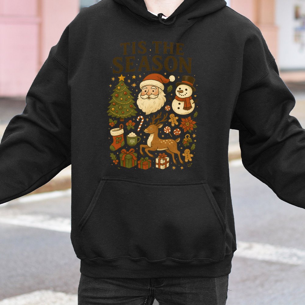 Retro Santa and Snowman Hoodie, Tis the Season Christmas Hoodie, Vintage Holiday Graphic Hooded Sweatshirt, Comfy Winter Pull