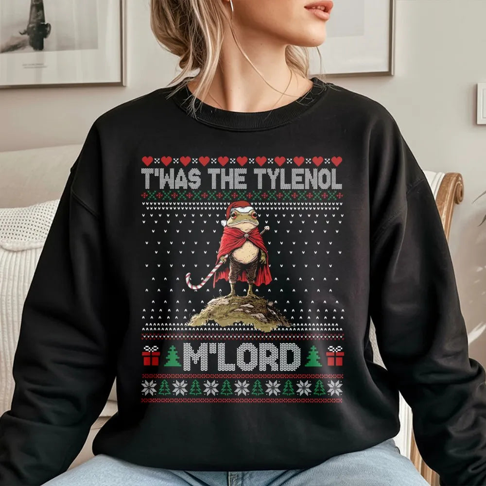 Humorous Frog Christmas Meme Crewneck, Twas the Tylenol Mlord Sweatshirt, Medieval Frog Holiday Sweatshirt, Viral Humor Xmas 