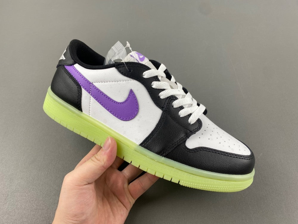 Retro Low Top Sneakers, Neon Green White Black Purple Colorway, Lace Up Design, Casual Gift for Sneaker Fans