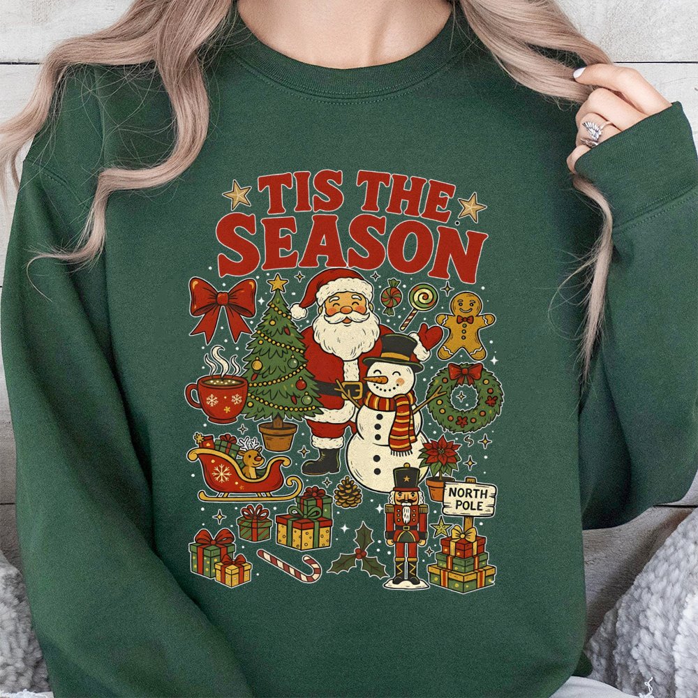 Vintage Santa and Snowman Sweatshirt, Tis the Season Christmas Sweatshirt, Retro Holiday Season Sweater, Nostalgic Xmas Crewn