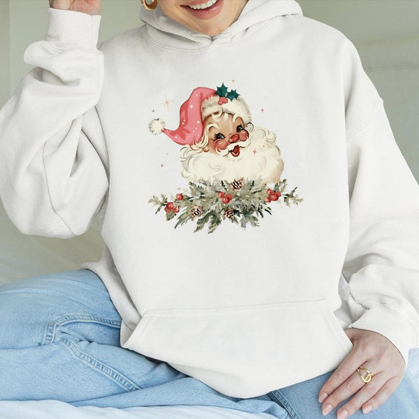 Retro Christmas Graphic Hooded Sweatshirt, Vintage Santa Hoodie, Nostalgic Santa Claus Holiday Pullover, Comfy Winter Xmas Sw
