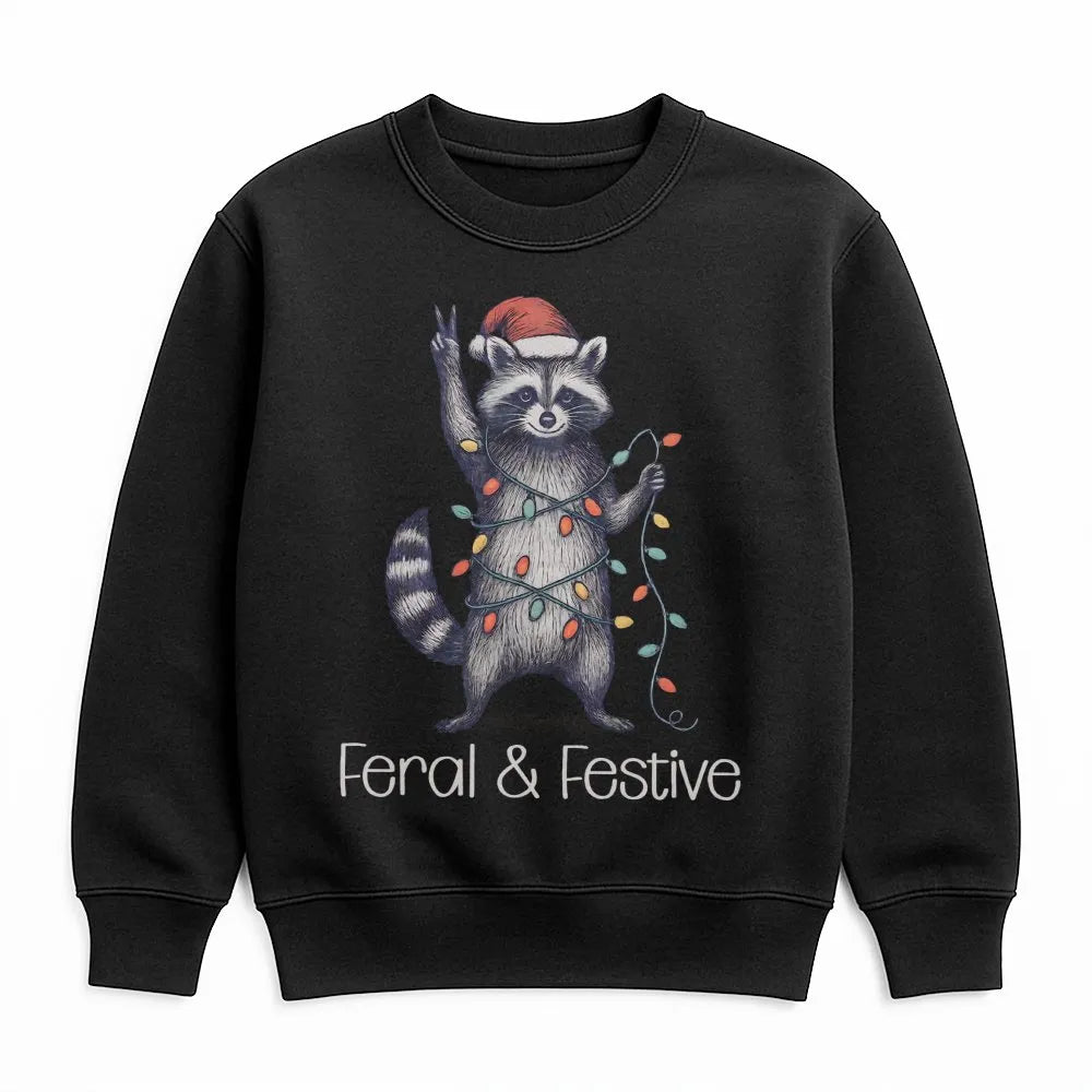 Humorous Woodland Animal Holiday Sweater, Feral and Festive Raccoon Christmas Sweatshirt, Retro Trash Panda Xmas Pullover Pre