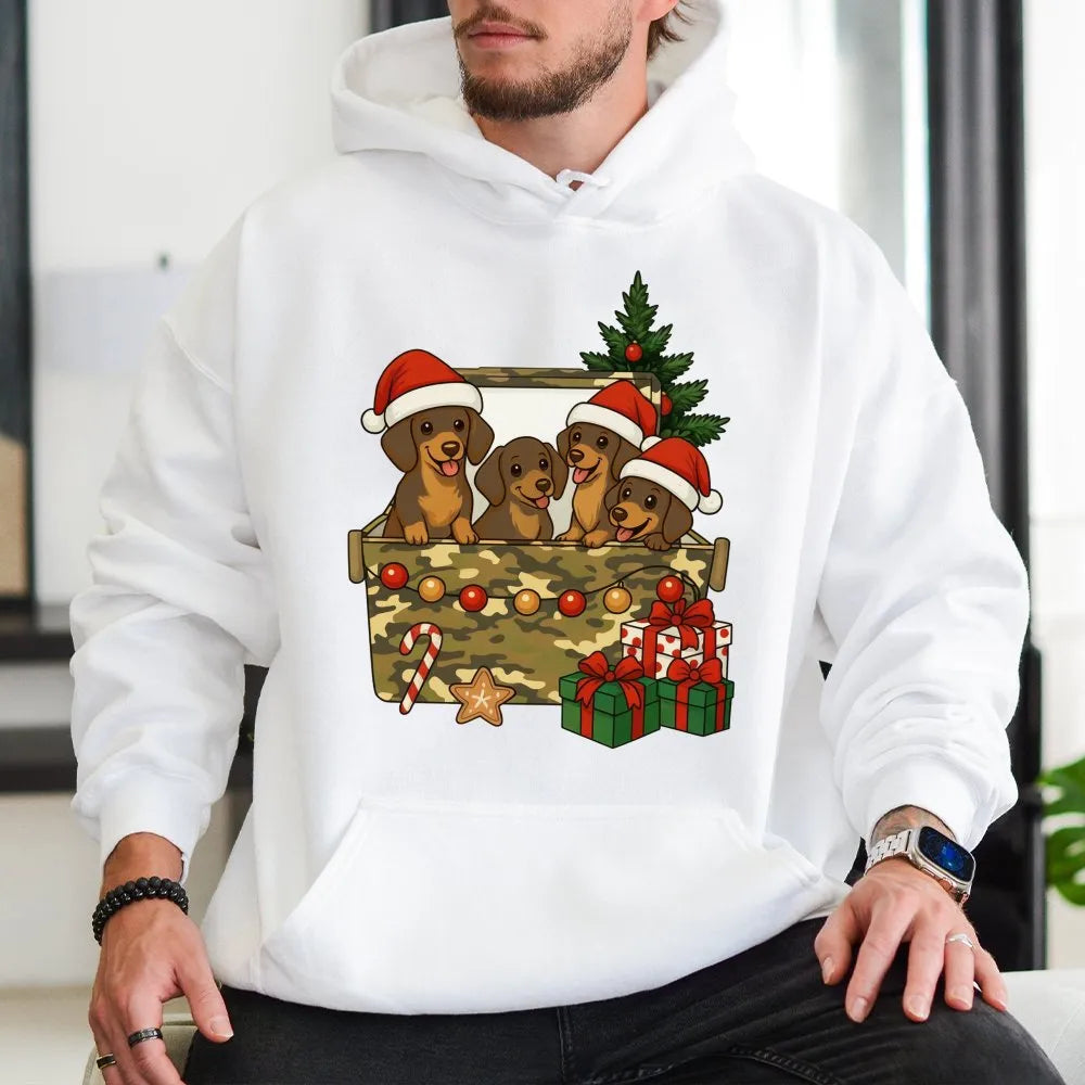 Adorable Wiener Dog Puppy Holiday Hoodie, Dachshund Christmas Hoodie, Retro Xmas Pet Lover Hoodie, Dog Mom Winter Sweatshirt,