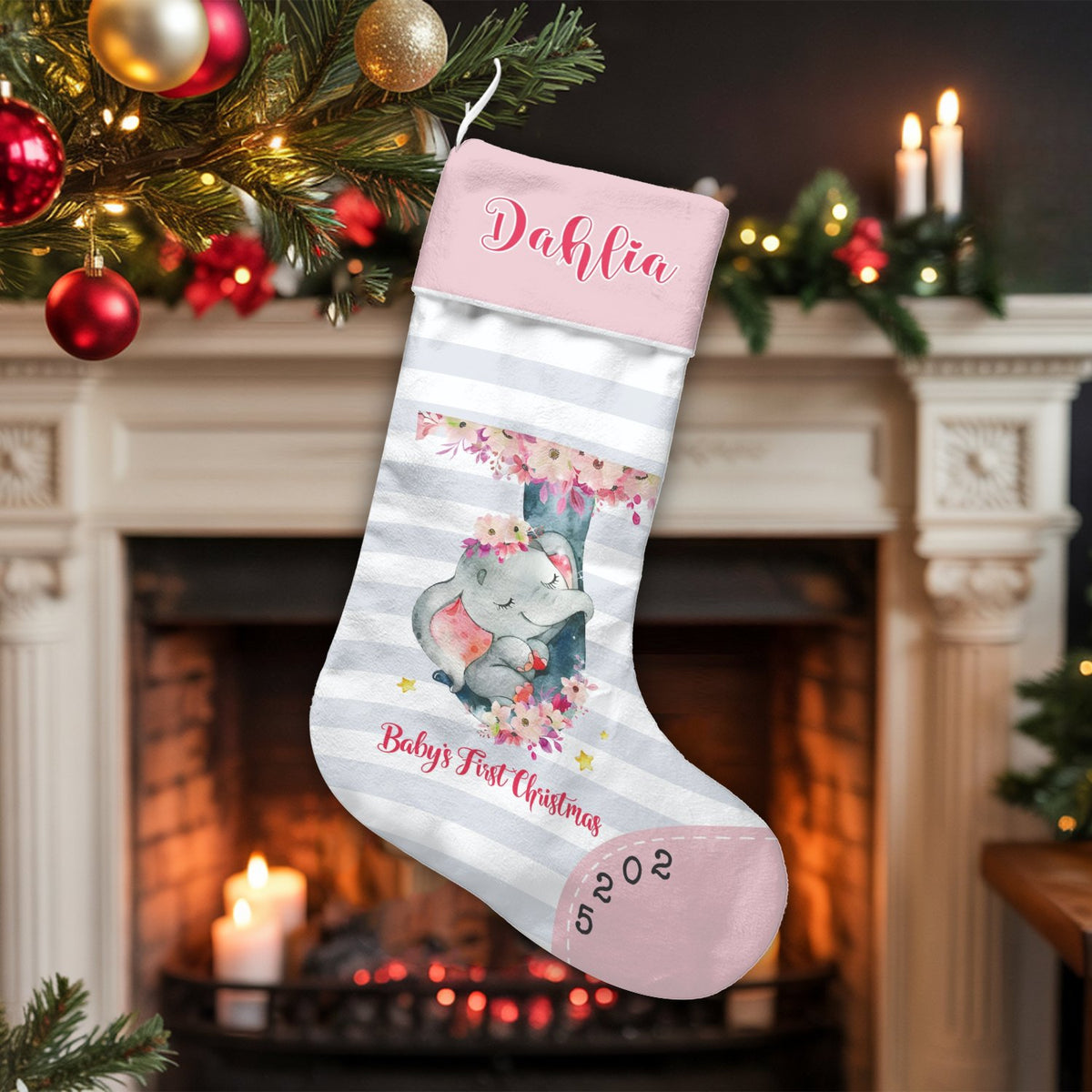 Adorable Sleeping Elephant Holiday Stocking, Personalized Baby Christmas Stocking, Custom Name Baby First Stocking, Newborn F