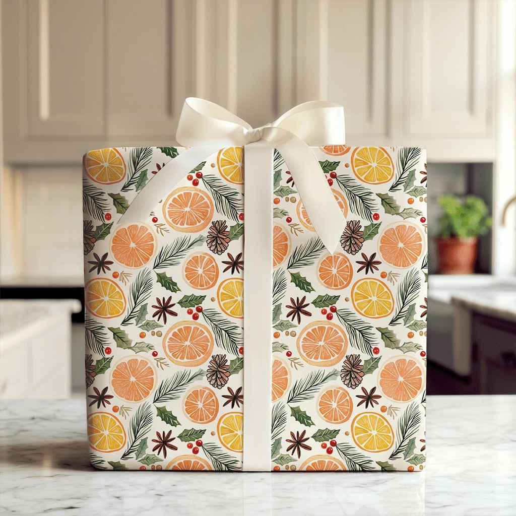 Pinecone Rustic Gift Wrap, Dried Orange Christmas Wrapping Paper, Botanical Winter Holiday Wrapping Paper, Comfy Season Gift 