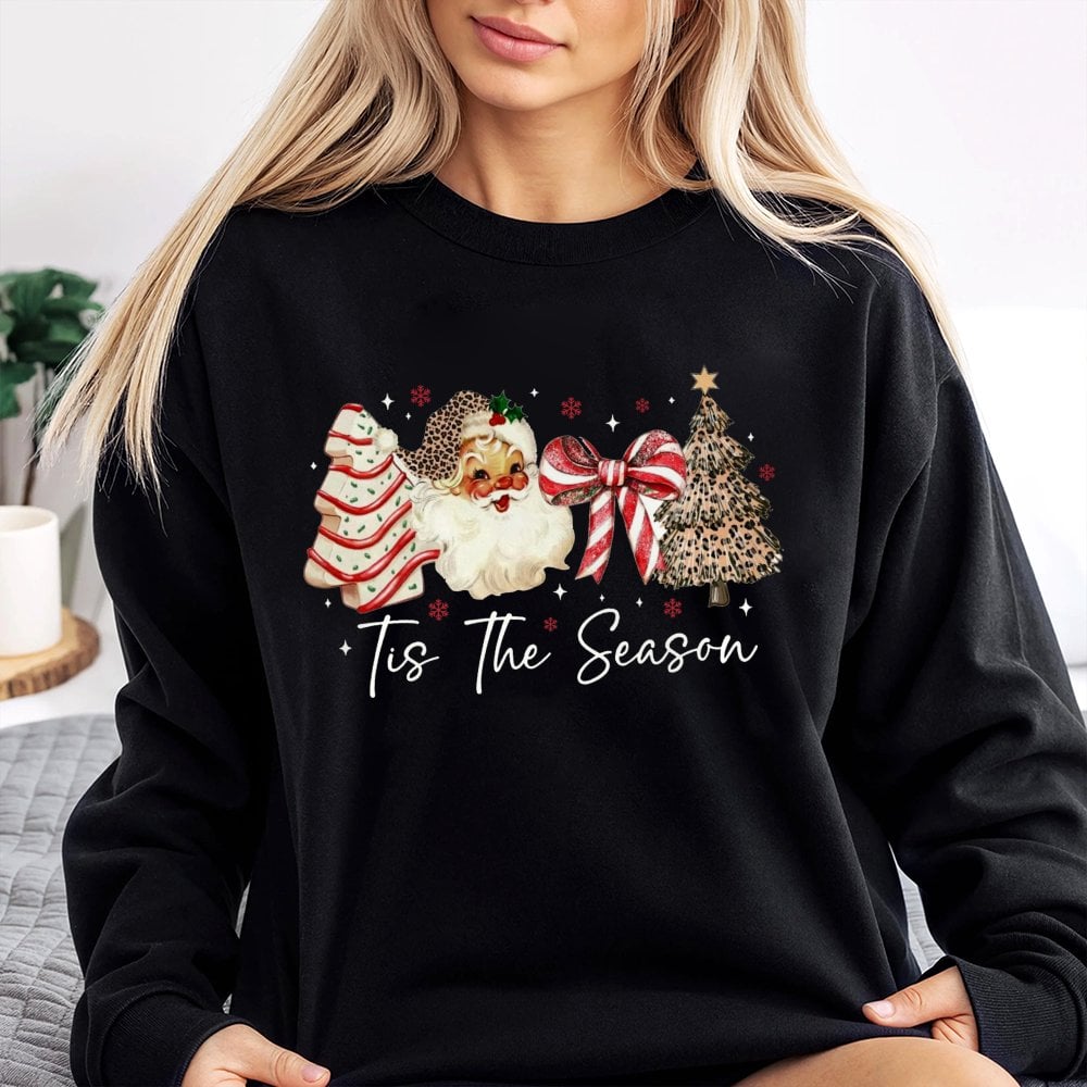 Leopard Print Christmas Tree Crewneck, Tis the Season Retro Santa Sweatshirt, Preppy Western Holiday Sweater, Adorable Xmas P