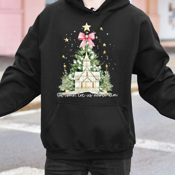 Watercolor Church Tree Hoodie, Oh Come Let Us Adore Him Hoodie, Religious Christian Sweatshirt, Faith Christmas Hoodie, Prese