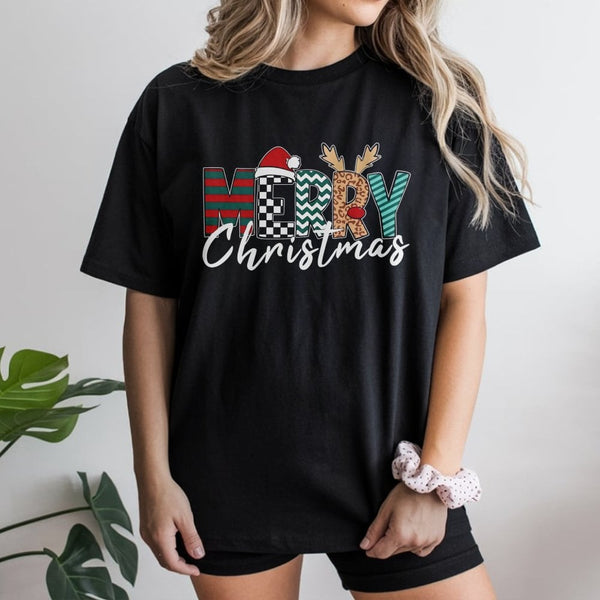 Merry Christmas Graphic Tee, Leopard Plaid Santa Hat Christmas T-Shirt, Festive Buffalo Plaid Shirt, Adorable Holiday Santa T