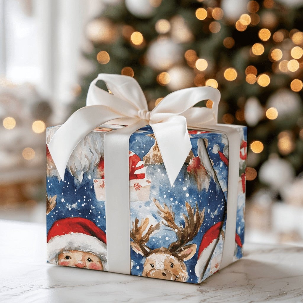 Festive Christmas Gift Wrap, Watercolor Santa and Reindeer Wrapping Paper, Holiday Present Paper, Xmas Gift Wrap Supplies