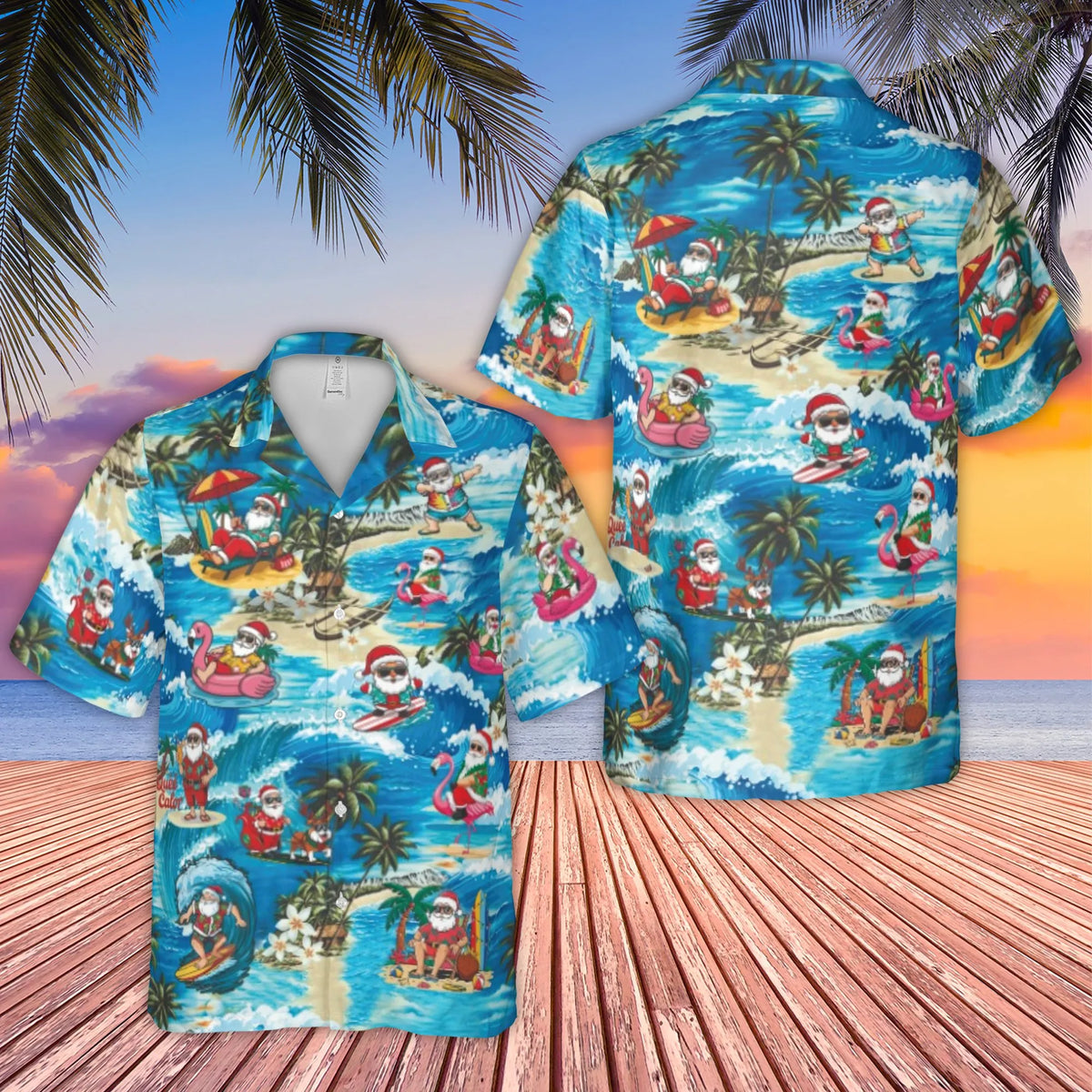 Tropical Christmas Aloha Shirt, Surfing Santa Hawaiian Shirt, Santa Claus Holiday Button Up Shirt, Humorous Beach Christmas S
