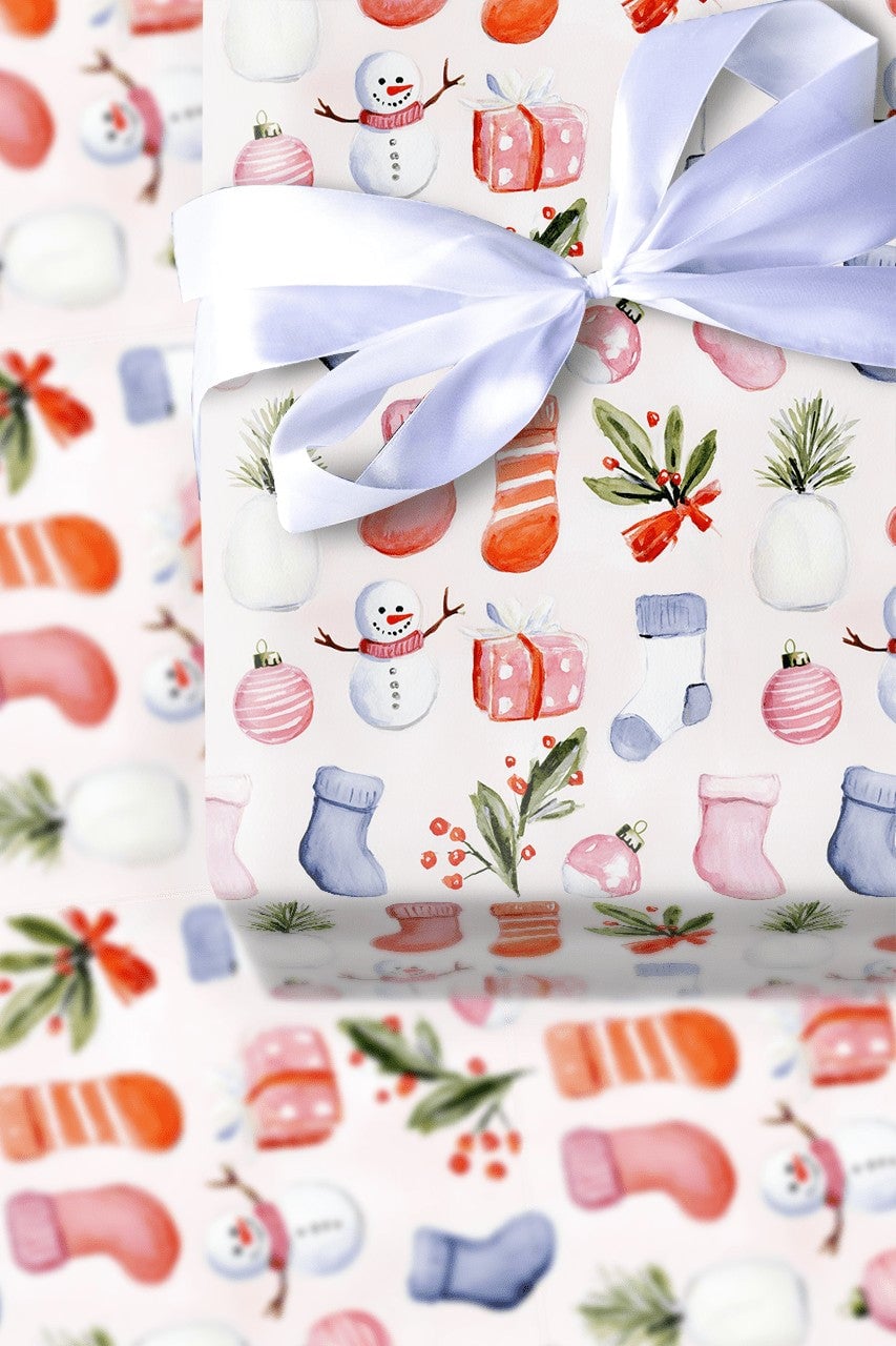 Christmas Icons Wrapping Paper, Watercolor Snowman Stocking Wrapping Paper, Festive Holiday Wrapping Paper Roll, Winter Prese