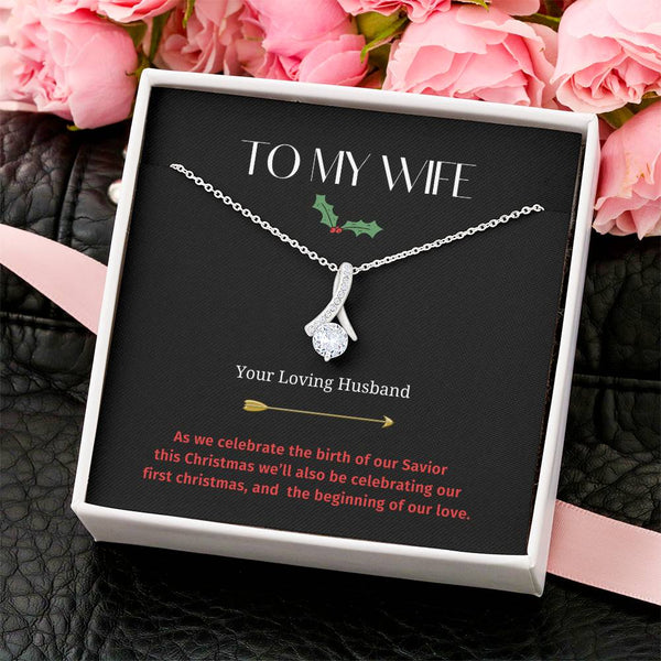 14k White Gold CZ Ribbon Pendant Necklace, To My Wife Christmas Necklace, Holiday Wife Necklace, Romantic Christmas Present f